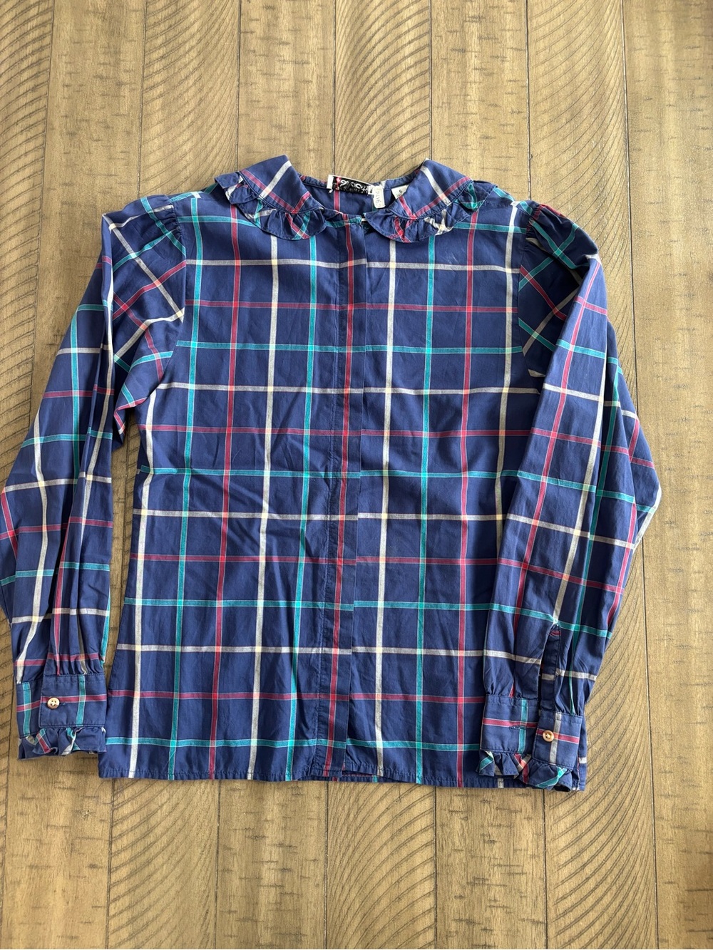 Talbots Navy Plaid Ruffle-Collar Button-Down Top - Picture 6 of 8
